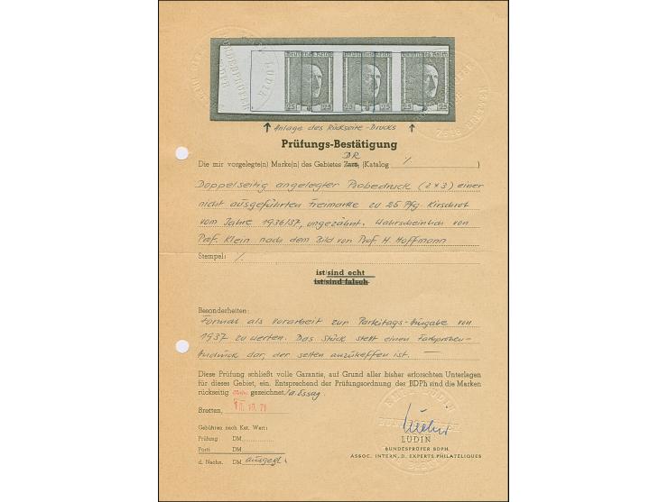 1937, 48. Geburtstag von Adolf Hitler 25 Pfg., ungezähnter Probedruck in schwärzlichrosa auf Kartonpapier ohne Gummierung, 3 