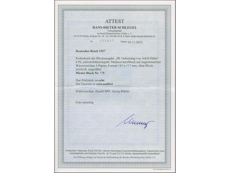 1937, 48. Geburtstag von Adolf Hitler Block als ungezähnter Probedruck ohne Blockinschriften auf Wasserzeichen-Papier (Wz. 4)