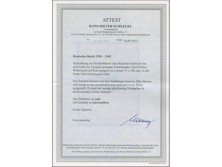 1945, Einzelabzug eines Künstler-Entwurfs im Stichtiefdruck für eine nicht zur Ausgabe gelangte Sondermarke Adolf Hitler und 