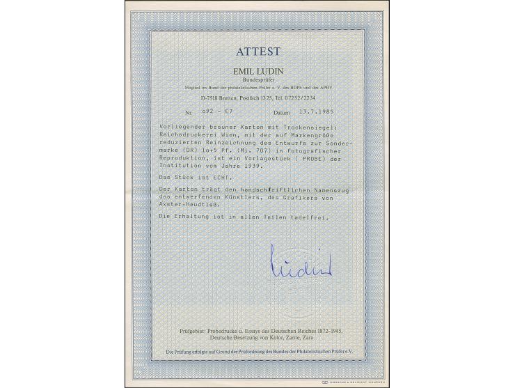 1939, Kameradschaftsblock 10 Pfg. als gezähnter Foto-Probedruck auf Vorlagekarton mit Prägesiegel der Reichsdruckerei und Ori