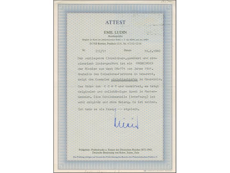 1941, Kameradschaftsblock 8 Pfg. als gezähnter Probedruck in Violettschiefer als Einzelabzug im Blockformat (95 x 99 mm) mit 