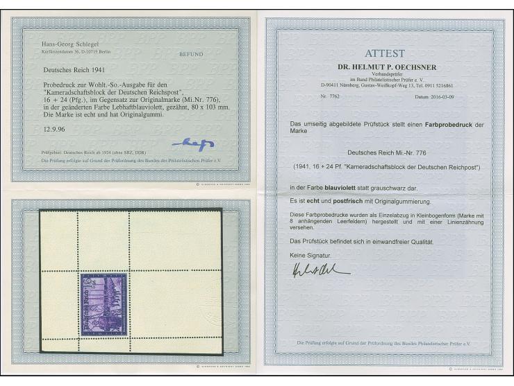 1941, Kameradschaftsblock 16 Pfg. als gezähnter Probedruck in Lebhaftblauviolett als Einzelabzug im Blockformat (80 x 103 mm)