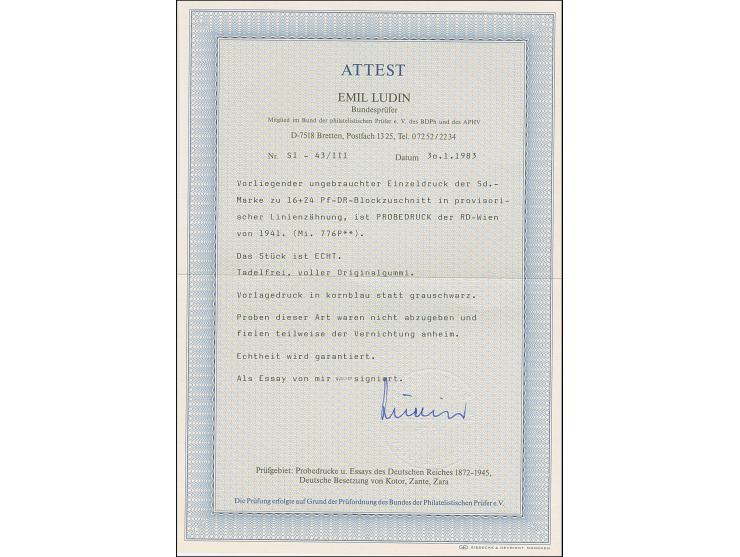 1941, Probedruck Kameradschaftsblock 16 Pfg. in der Farbe Kornblau und gezähnt L 14½ als Einzelabzug im Blockformat (80 x 87 