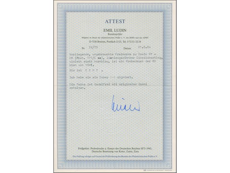 1941, Kameradschaftsblock 20 Pfg. als gezähnter Probedruck in Kornblau als Einzelabzug im Blockformat (99 x 83 mm) mit durchg