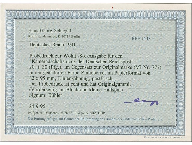 1941, Kameradschaftsblock 20 Pfg. als gezähnter Probedruck in Zinnoberrot als Einzelabzug im Blockformat (94 x 83 mm) mit dur