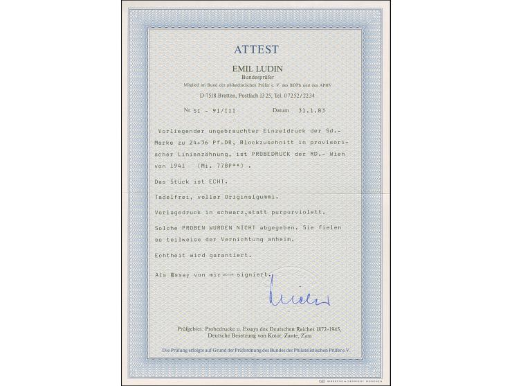 1941, Kameradschaftsblock 24 Pfg. als gezähnter Probedruck in Schwarz als Einzelabzug im Blockformat (80 x 82 mm) mit durchge