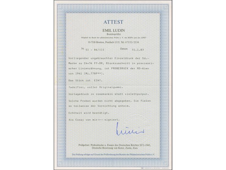 1941, &nbsp;Kameradschaftsblock 24Pfg. als gezähnter Probedruck in Rosakarmin als Einzelabzug im Blockformat (81 x 88 mm) mit