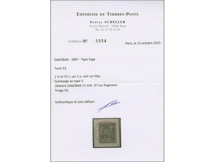 1897, Sage 2½ a. + 25 c. on 1a. black on lilac, Type V, fresh colours, tied by cds. “ZANZIBAR 27 JUIL. 97” to small piece, ex