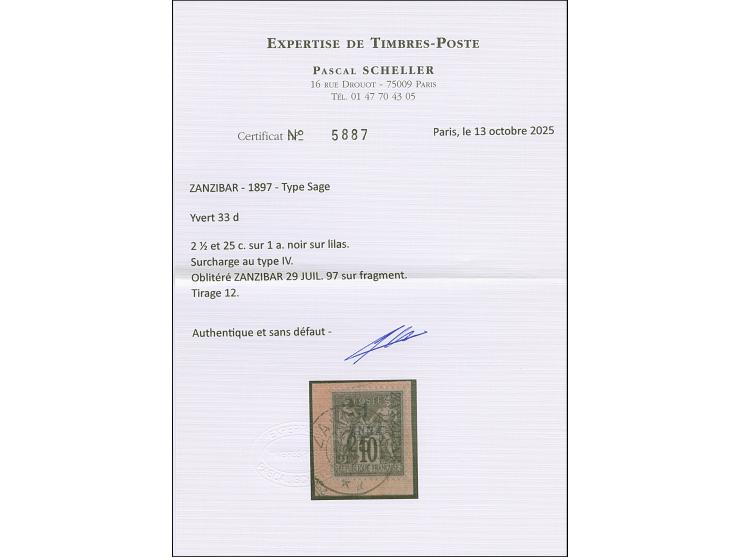 2½ a. + 25 c. on 1a. black on lilac, Type IV Setting B-F-H, fresh colours, tied by cds. “ZANZIBAR 29 JUIL. 97” to small piece