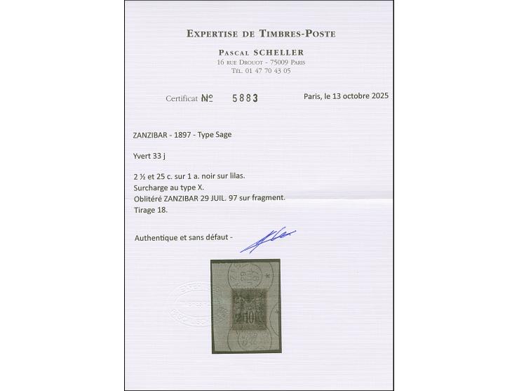 2½ a. + 25 c. on 1a. black on lilac, Type X Setting B-D-K, fresh colours, tied by cds. “ZANZIBAR 29 JUIL. 97” to small piece,