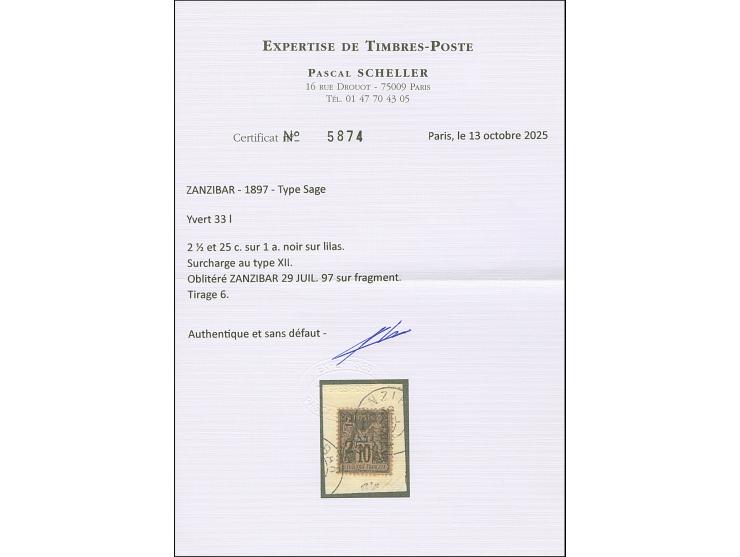 2½ a. + 25 c. on 1a. black on lilac, Type XII Setting A-D-K, fresh colours, tied by cds. “ZANZIBAR 29 JUIL. 97” to small piec