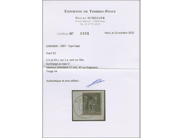 2½ a. + 25 c. on 1a. black on lilac, Type V Setting A-D-H, fresh colours, tied by cds. “ZANZIBAR 27 JUIL. 97” to small piece,