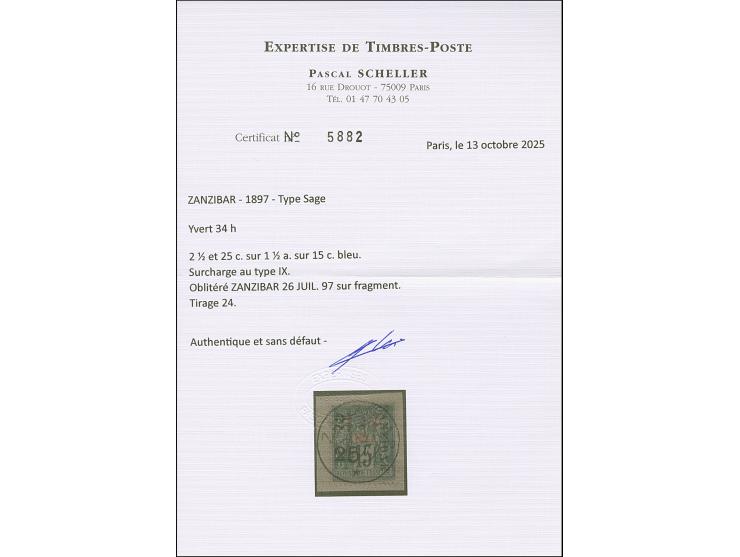 2½ a. + 25 c. on 1½ a. blue, Type IX Setting B-D-J, fresh colours, tied by cds. “ZANZIBAR 26 JUIL. 97” to small piece, very f