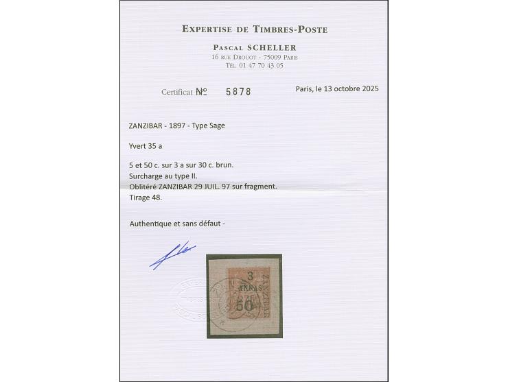 5 a. + 50 c. on 3 a. brown, Type II Setting L-H-P, fresh colours, neatly tied by cds. “ZANZIBAR 29 JUIL. 97” to small piece, 