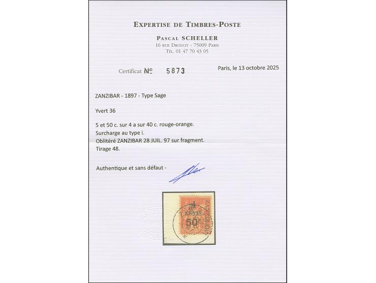 5 a. + 50 c. on 4 a. red-orange on salmon, Type I Setting L-H-O, fresh colours, neatly tied by cds. “ZANZIBAR 28 JUIL. 97” to