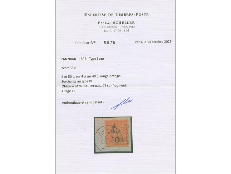 5 a. + 50 c. on 4 a. red-orange on salmon, Type IV Setting L-I-P, fresh colours, neatly tied by cds. “ZANZIBAR 29 JUIL. 97” t