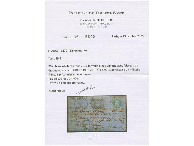 DENIS PAPIN (most likely), entire letter with Napoleon 20 c. blue tied by Dotted Star with cds. “PARIS 5 DEC. 70” alongside, 