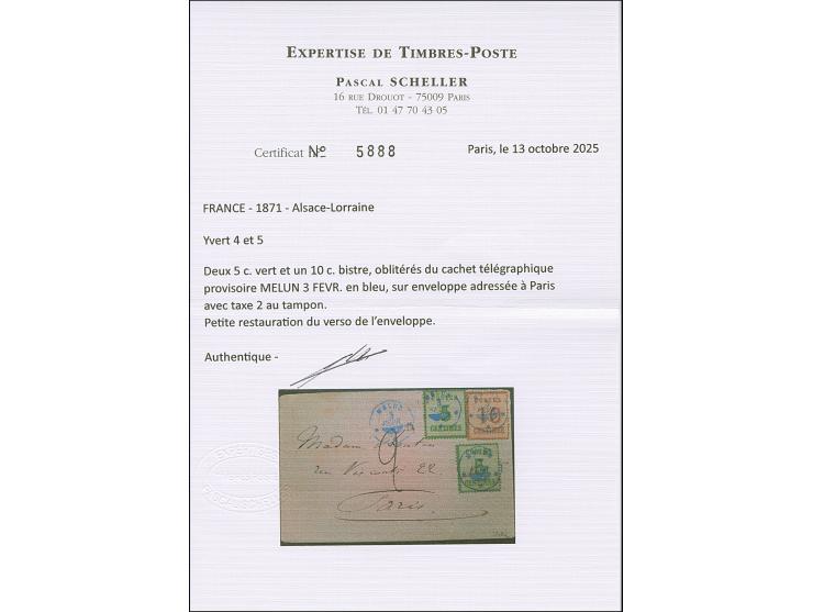 1870, 5 C. gelblichgrün, zweimal mit 10 C. ockerbraun, Spitzen nach oben, sauber mit auf- und nebengesetztem provisorischem b