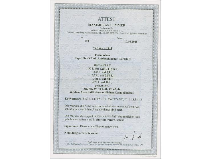 1934, Provisionals 40 c.-3,70 l., used on cut-out of official sheet, vf, certificate Lummer BPP (2025)