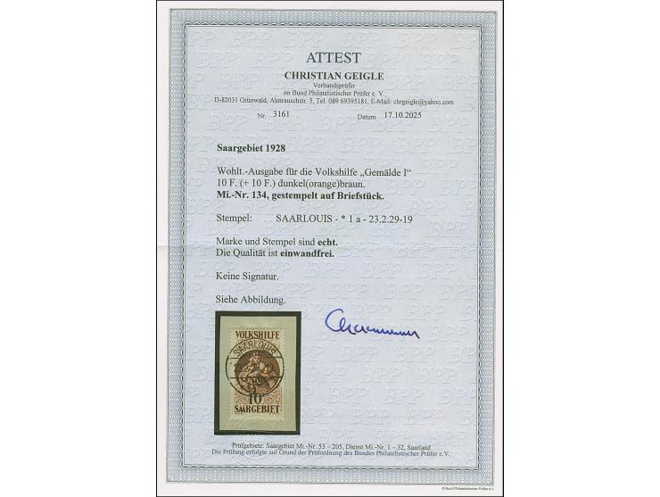 1928, Volkshilfe 10 Fr., sauber gestempelt "SAARLOUIS 23.2.29", auf Briefstück. Einwandfrei. Fotoattest Geigle BPP (2025)