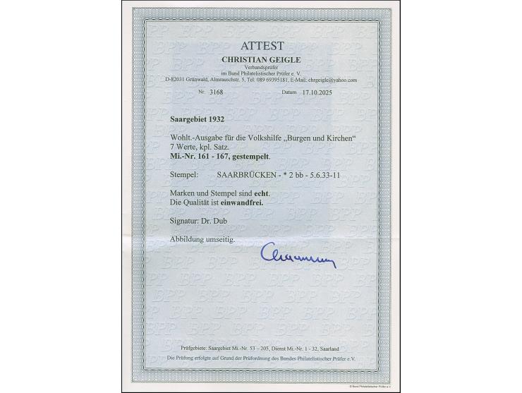 1932, Volkshilfe 40 C. -5 Fr., sauber gestempelt "SAARBRÜCKEN 5.6.33". Einwandfrei. Signiert Dr. Dub, Fotoattest Geigle BPP (