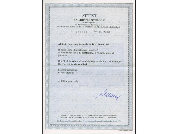 Exportmesse-Block mit 30 Pfg. in dunkelgrünlichgraublau, postfrisch, tadellos. Private Signaturen, Fotoattest H.-D. Schlegel 