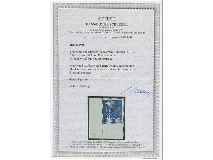 1948, Schwarzaufdruck 5 M. , linke untere Bogenecke mit Plattennummer "1" (spiegelverkehrt), postfrisch, kleine Falzspur im U