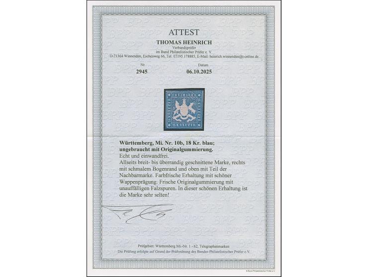 18 Kr. blau, schöne frische Farbe und gute Prägung, allseits breit-bis überrandig, oben mit Teil der Nachbarmarke und rechts 