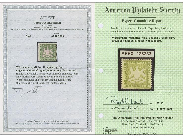 6 Kr. grün, schöne frische Farbe, unten etwas stumpfe Zähnung, sonst einwandfrei, ungebraucht mit frischer Originalgummierung