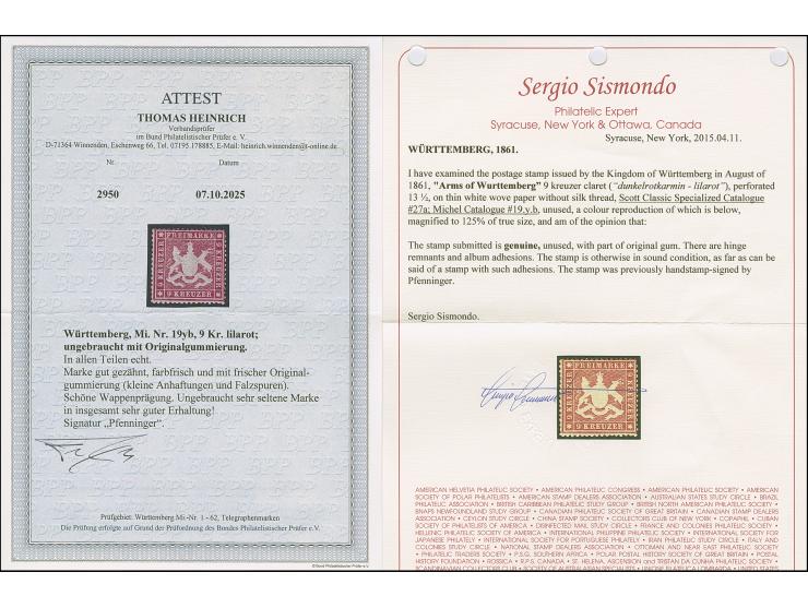 9 Kr. lilarot, schöne tiefe Farbe und gut gezähnt, schöne Wappenprägung, ungebraucht mit frischem Originalgummi, kleinen Anha