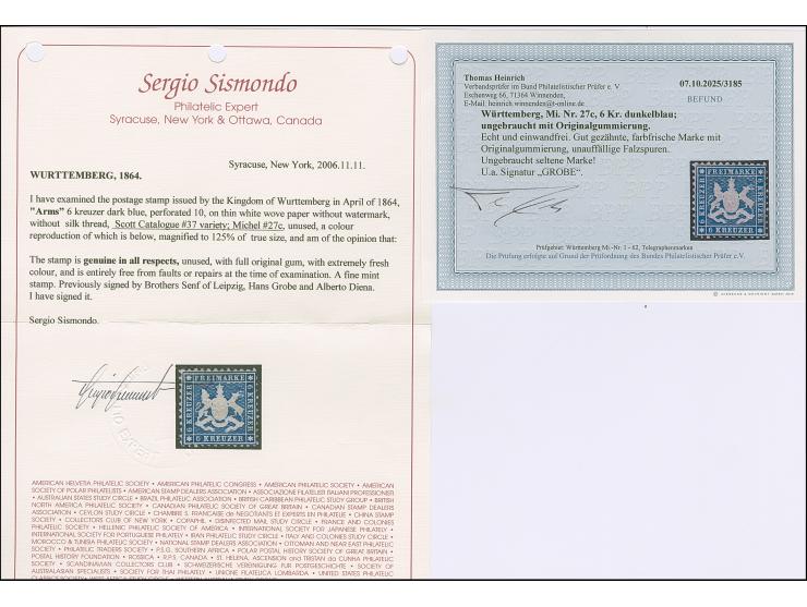 6 Kr. dunkelblau, farbfrisch, gut zentriert und einwandfrei gezähnt, ungebraucht mit unauffälligen Falzspuren. Eine seltene M