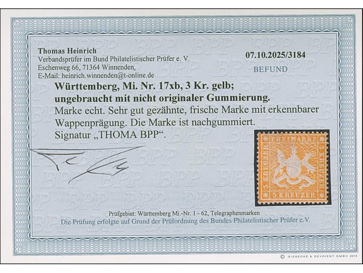 3 Kr. gelb, farbfrisch und sehr gut gezähnt, ungebraucht mit nicht originalem Gummi. In ungebrauchter Erhaltung sehr selten. 