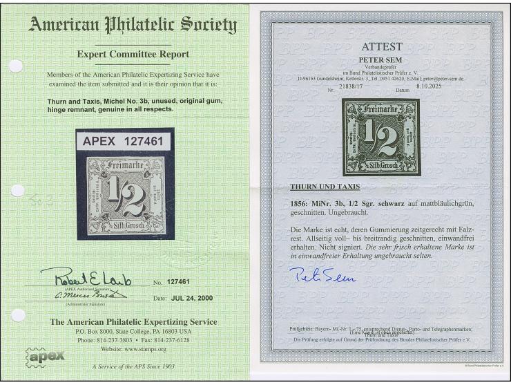 ½ Sgr. auf mattbläulichgrün, sehr schöne frische Farbe und allseits gleichmäßig breitrandig, ungebraucht mit Originalgummi. I