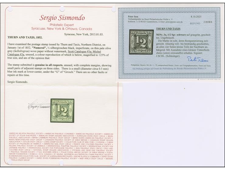 ½ Sgr. auf olivgrau (1.Auflage), frische Farbe und voll- bis überrandig, mit Teilen von 4 Nachbarmarken, ungebraucht mit Rest