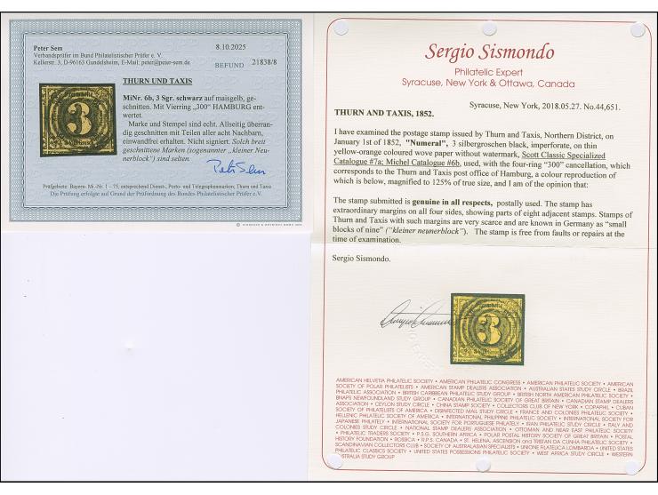 3 Sgr. auf maisgelb, allseits überrandig, mit Teilen aller 8 Nachbarmarken (sogenannter 'Kleiner 9er-Block'), zentrisch entwe