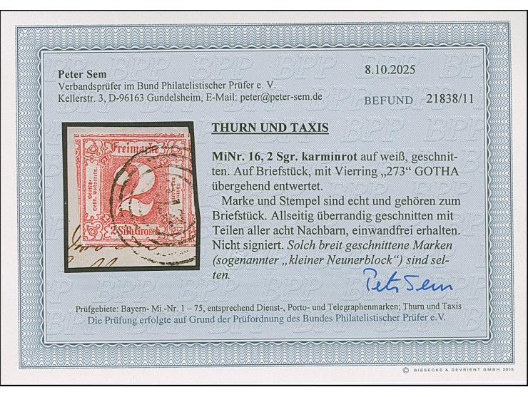 2 Sgr. dunkelrosarot, allseits überrandig, mit Teilen aller 8 Nachbarmarken (sogenannter 'Kleiner 9er-Block'), mit Nr. "273" 