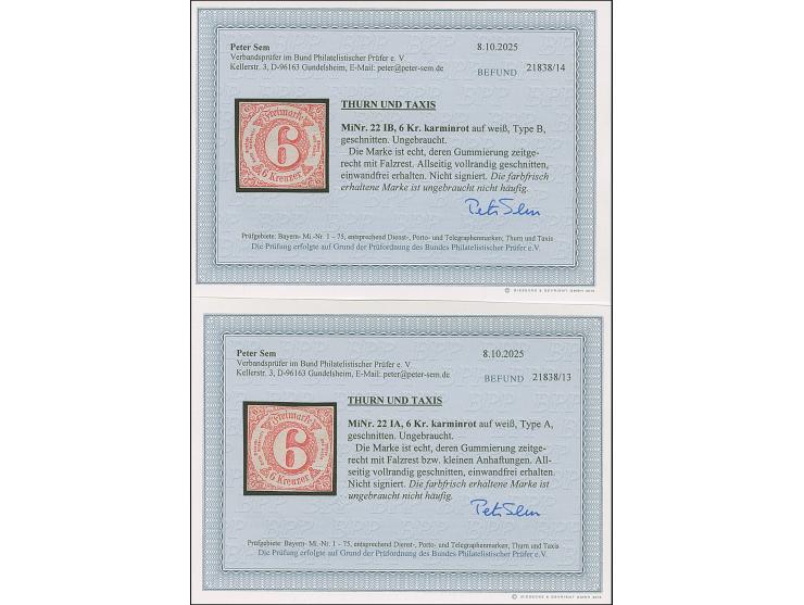 6 Kr. dunkelrosarot, 2 Einzelwerte in Type IA bzw. IB, beide farbfrisch und vollrandig, ungebraucht mit Originalgummi. Ein We