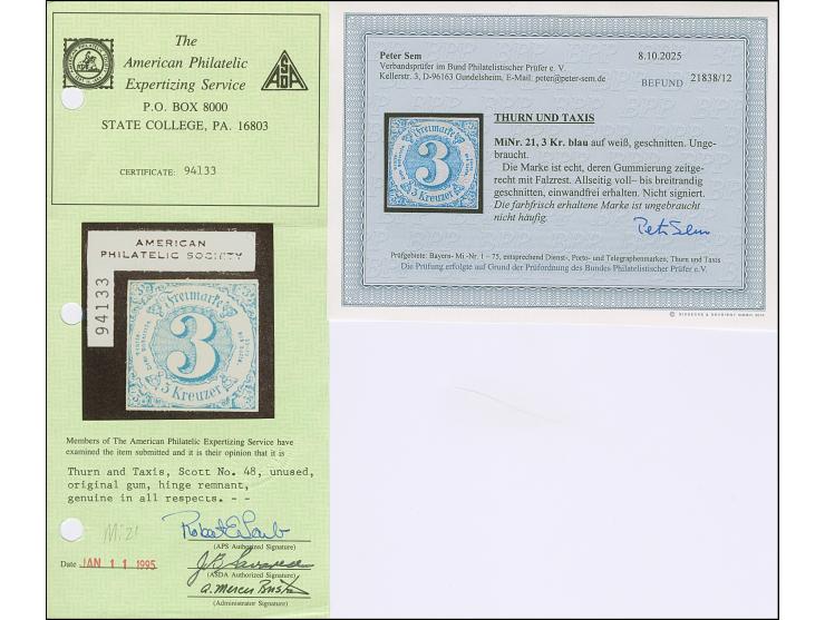 3 Kr. blau, farbfrisch und voll- bis breitrandig, ungebraucht mit Originalgummi. Einwandfrei. Fotobefund Sem BPP (2025)