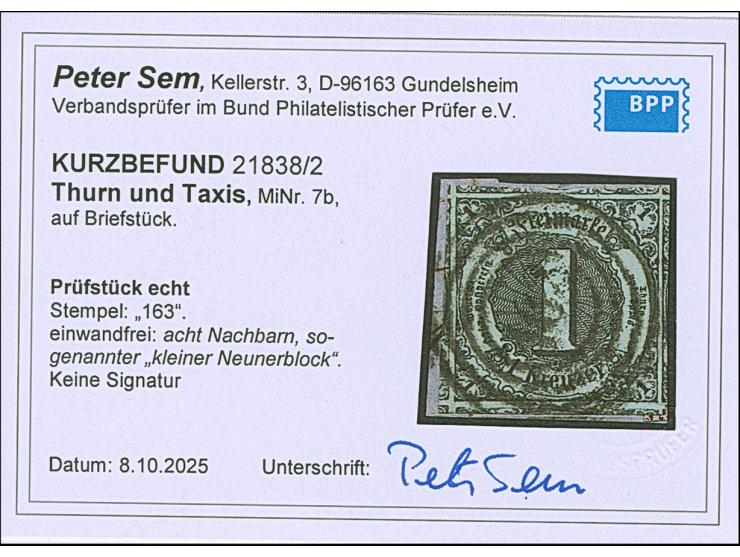 1 Kr. auf mattbläulichgrün, allseits überrandig mit Teilen aller 8 Nachbarmarken (sogenannter 'Kleiner 9er-Block'), mit Nr. "