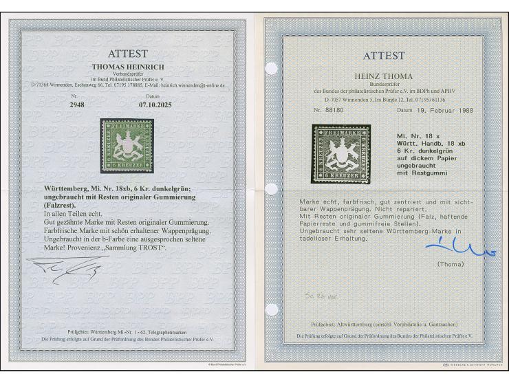 6 Kreuzer dunkelgrün, schöne Tiefe Farbe und einwandfrei gezähnt, ungebraucht mit großen Teilen der originalen Gummierung (lt