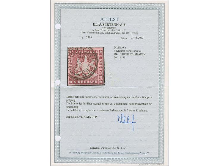 9 Kr. dunkelkarmin, farbfrisch und für diese Ausgabe sehr gut geschnitten, sauber entwertet durch Kreisstempel "FRIEDRICHSHAF