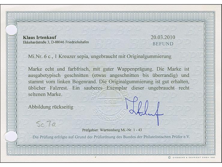 1 Kr. sepia, farbfrisch, in ausgabetypischem Schnitt, links mit schmalem Bogenrand, gute Wappenprägung, ungebraucht mit frisc