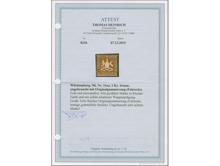 1860, dickeres Papier, 1 Kr. braun, farbfrisch und gut gezähnt, ungebraucht mit frischem Originalgummi (Falzreste und wenige 