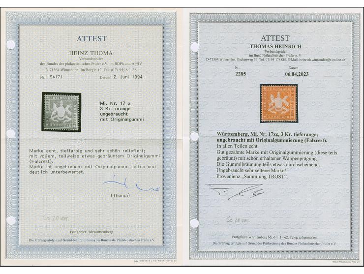 3 Kreuzer gelblichorange, tiefe Farbe und schöne Wappenprägung, ungebraucht mit originaler Gummierung (diese teils gebräunt u