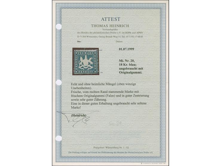 18 Kr. blau, schöne tiefe Farbe und sehr gut gezähnt, schöne Wappenprägung und gut zentriert, ungebraucht mit frischem Origin