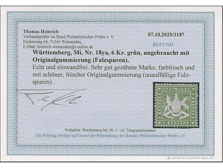 6 Kr. grün in dunkler Nuance, farbfrisch und sehr gut gezähnt, ungebraucht mit frischem Originalgummi. Ein tadelloses Exempla