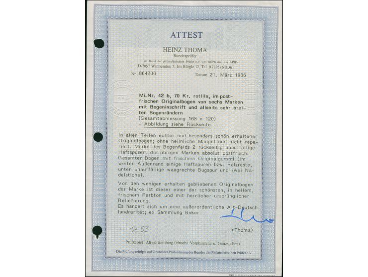 70 Kr. rotlila, vollständiger Originalbogen von 6 Marken mit allseits breiten Rändern (120:168 mm), ungebraucht mit Originalg