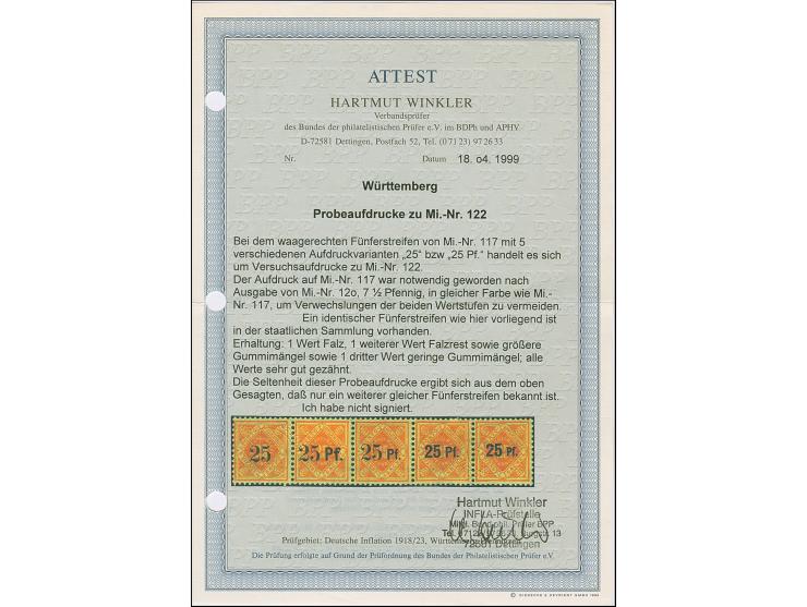 1916, 25 (Pf.) auf 25 Pfg. orange, waagerechter 5er-Streifen mit alle fünf verschiedenen Versuchsaufdrucken, ungebraucht, zwe