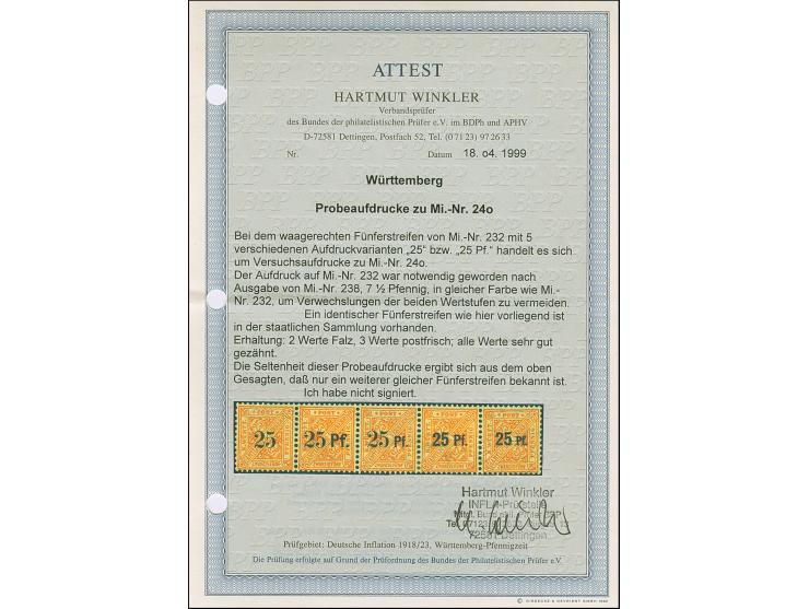 1916, 25 (Pf.) auf 25 Pfg. orange, waagerechter 5er-Streifen mit alle fünf verschiedenen Versuchsaufdrucken, ungebraucht, dre