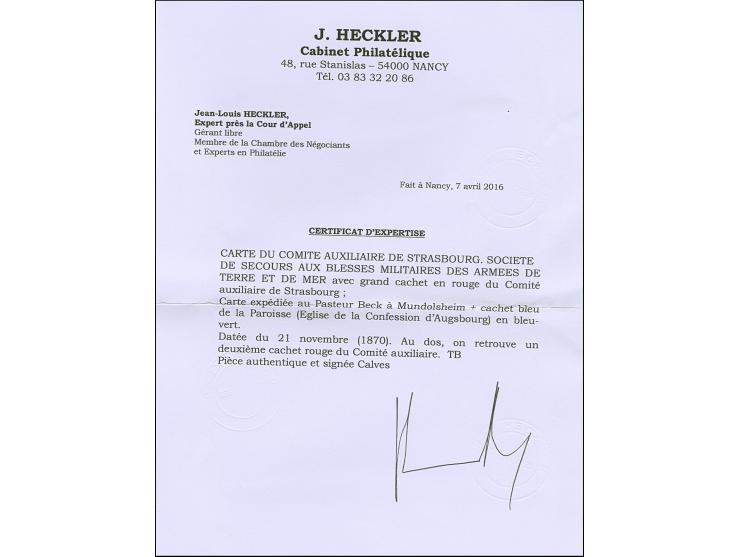 FRANCO-PRUSSIAN WAR: “COMITÉ AUXILIAIRE DE STRASBOURG” Private formula card addressed to Mundolsheim with large red ornamente